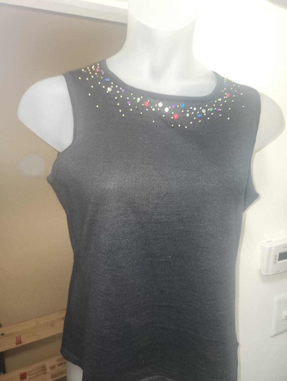 Vintage Erika Black Sleeveless Top with Multicolor Beaded Neckline Size Large